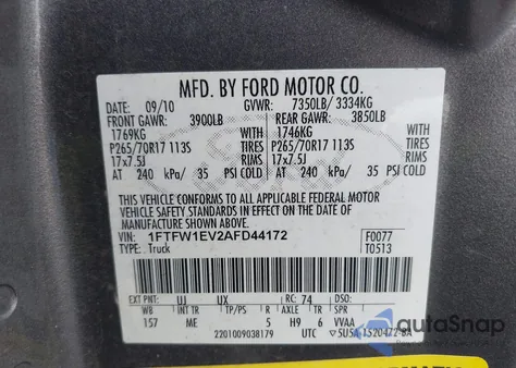 2010 Ford F150 Supercrew z USA, uszkodzony, nr VIN 1FTFW1EV2AFD44172